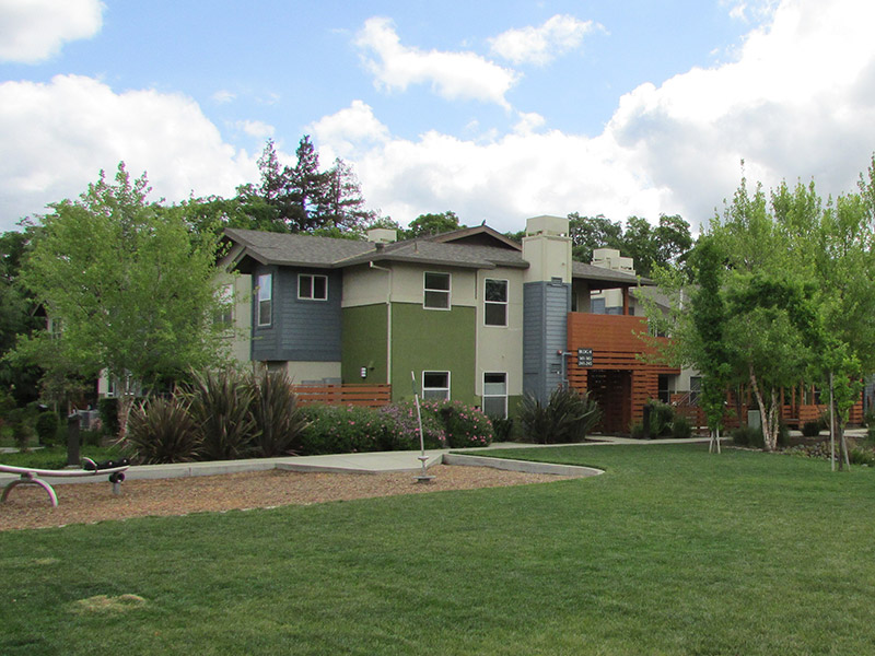 exterior image of Cesar Chavez Plaza showing a large lawn with several trees and a colorful building in natural tones