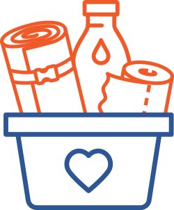 icon of a donation basket containing water toilet paper and a sleeping pad